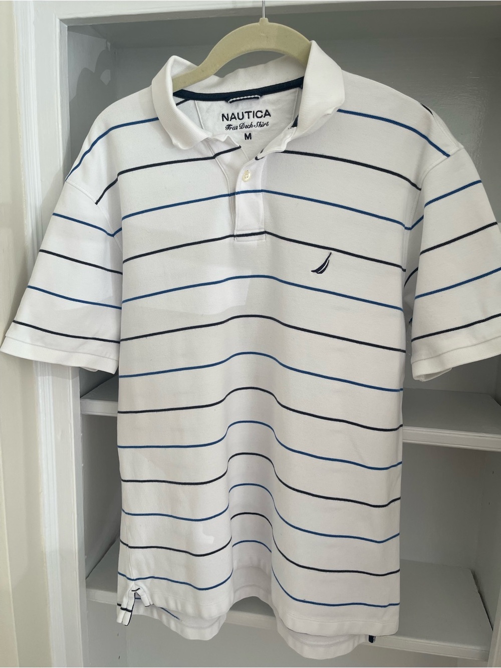 Men’s Nautica -M- White Cotton Polo with Blue and Black Stripes